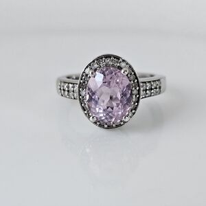 Genuine Pink Kunzite & Diamond Ring in Platinum Over Sterling Silver Sz 7!